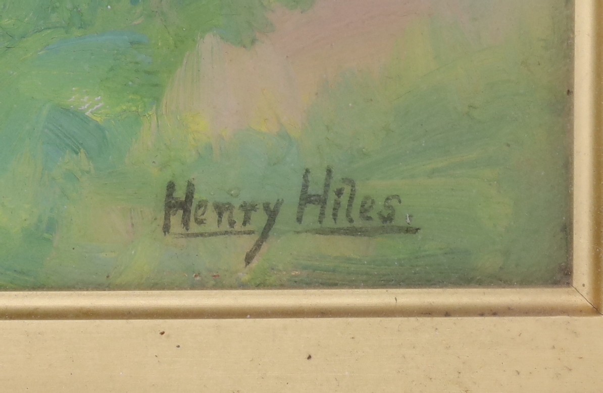 Henry Hiles (1857-1948), oil on canvas, River landscape, signed, 26 x 34cm